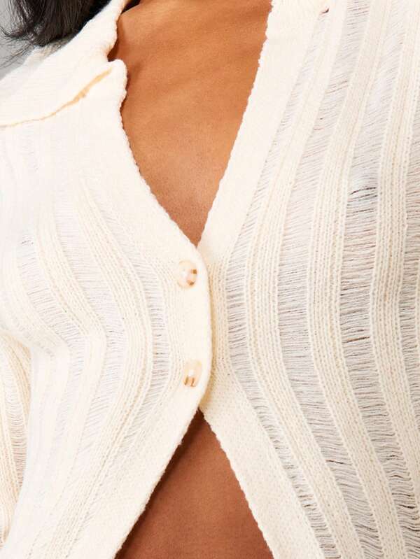 MISSGUIDED Distressed Ribbed Knit Button Up Cardigan With Collar