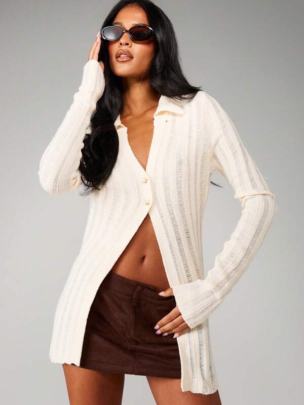 MISSGUIDED Distressed Ribbed Knit Button Up Cardigan With Collar
