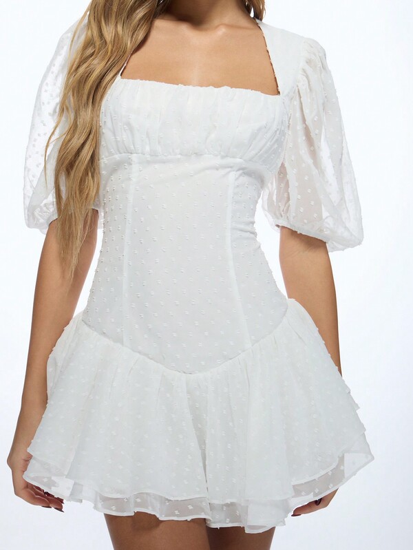 MISSGUIDED Dobby Milkmaid Puff Sleeve Square Neck Mini Dress