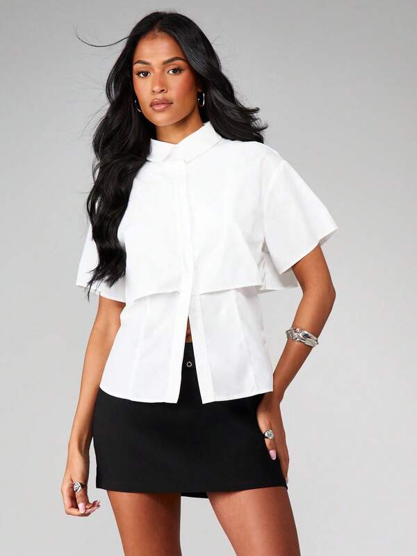 MISSGUIDED Double Layer Button Blouse With Short Sleeves
