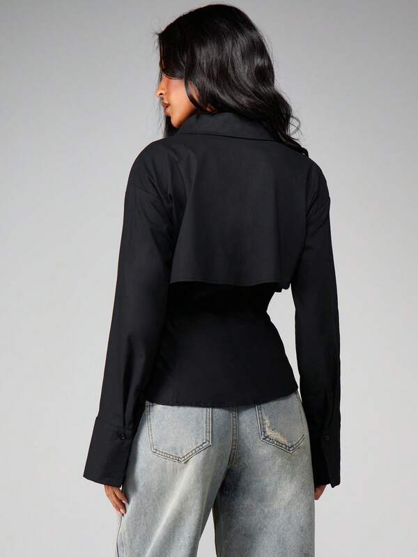MISSGUIDED Double Layer Button Front Blouse With Cape Overlay
