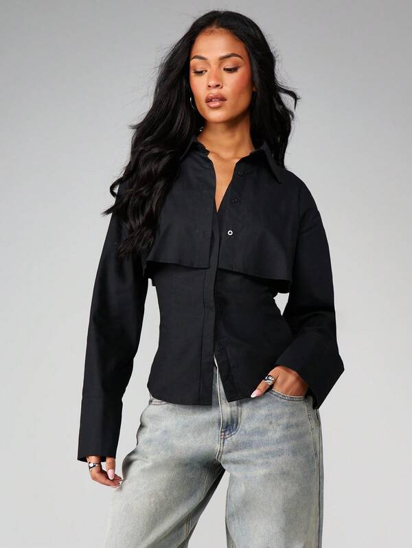 MISSGUIDED Double Layer Button Front Blouse With Cape Overlay