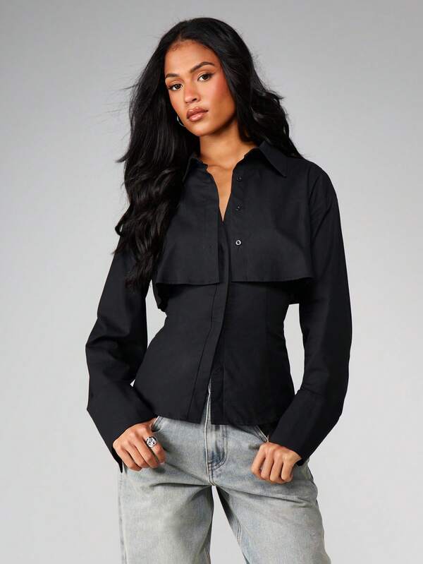 MISSGUIDED Double Layer Button Front Blouse With Cape Overlay