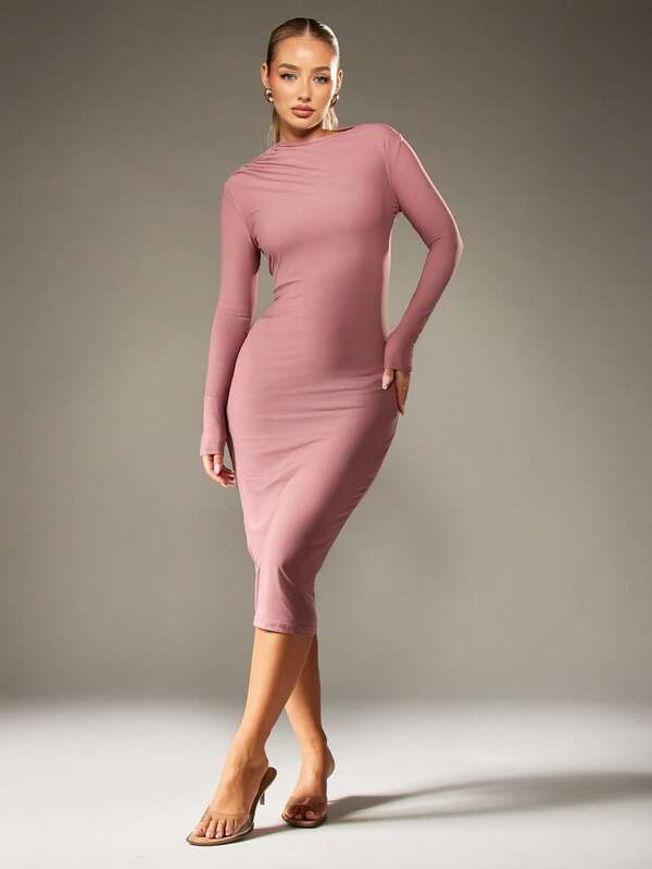 MISSGUIDED Draped Bodycon Midi Dress With Long Sleeves