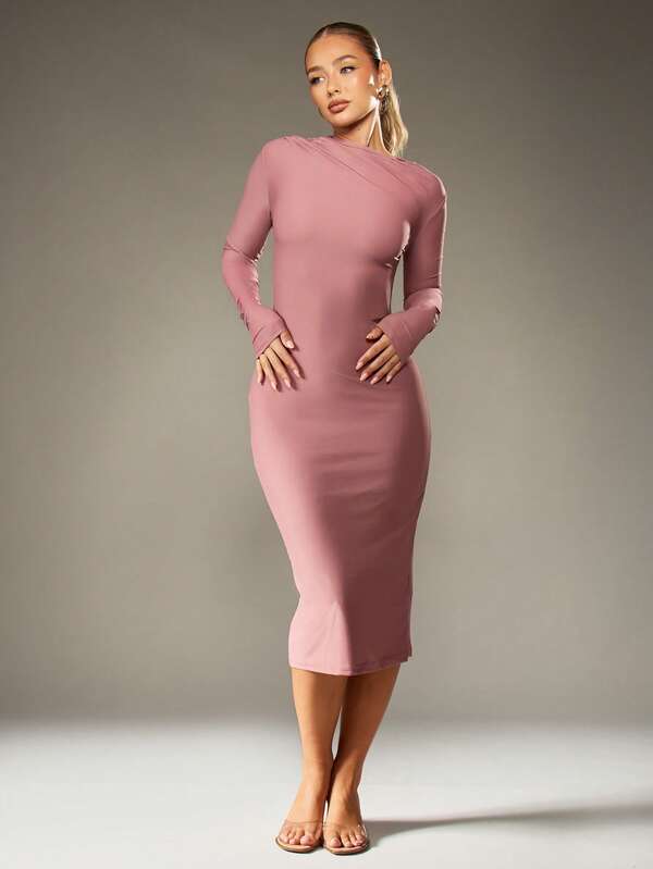 MISSGUIDED Draped Bodycon Midi Dress With Long Sleeves
