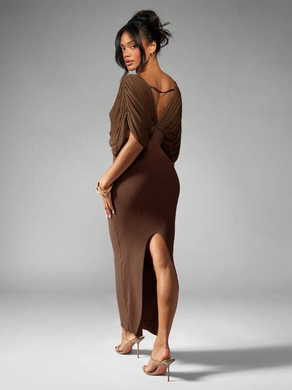 MISSGUIDED Draped Dolman Sleeve Maxi Dress With Plunging Neckline
