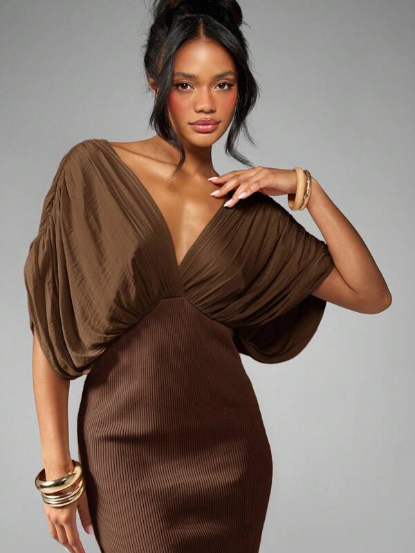MISSGUIDED Draped Dolman Sleeve Maxi Dress With Plunging Neckline