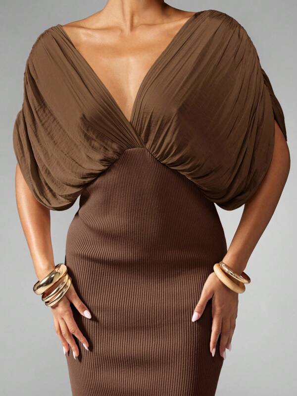 MISSGUIDED Draped Dolman Sleeve Maxi Dress With Plunging Neckline
