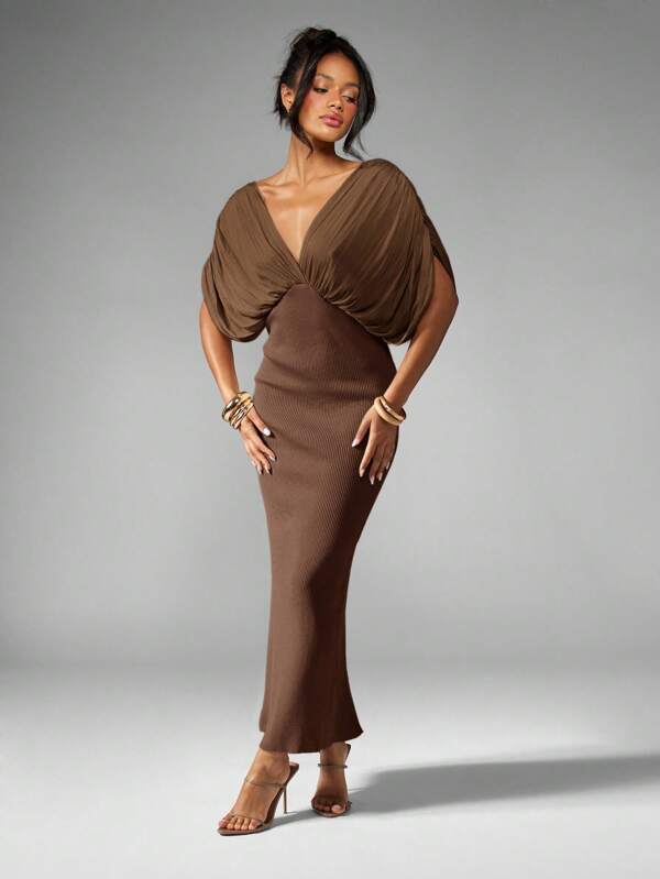 MISSGUIDED Draped Dolman Sleeve Maxi Dress With Plunging Neckline
