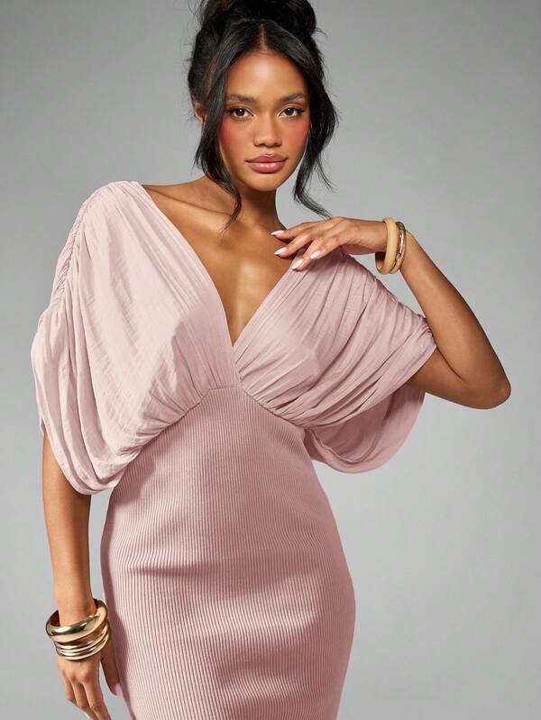 MISSGUIDED Draped Maxi Dress With Plunge Neck And Side Slit