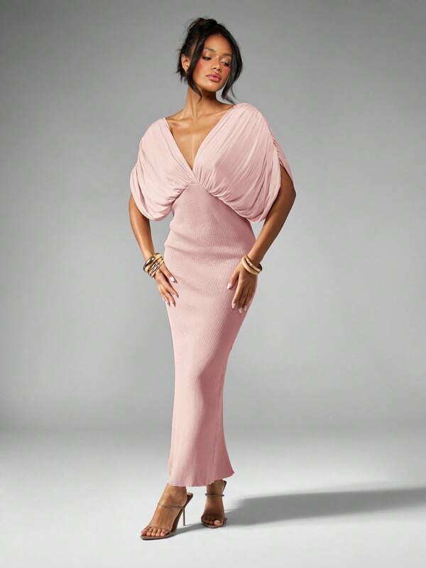 MISSGUIDED Draped Maxi Dress With Plunge Neck And Side Slit