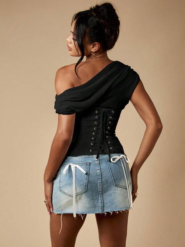 MISSGUIDED Draped One Shoulder Corset Top With Lace Up Back