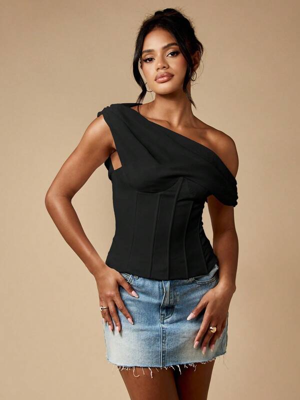 MISSGUIDED Draped One Shoulder Corset Top With Lace Up Back