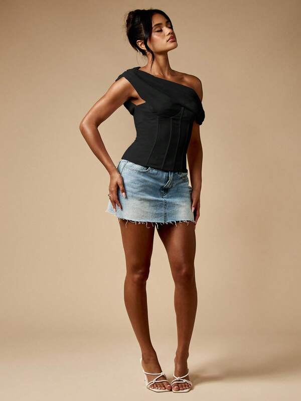 MISSGUIDED Draped One Shoulder Corset Top With Lace Up Back