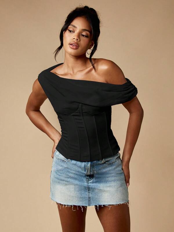 MISSGUIDED Draped One Shoulder Corset Top With Lace Up Back