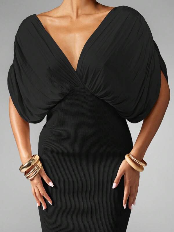MISSGUIDED Draped Sleeve Maxi Dress With Plunge Neckline
