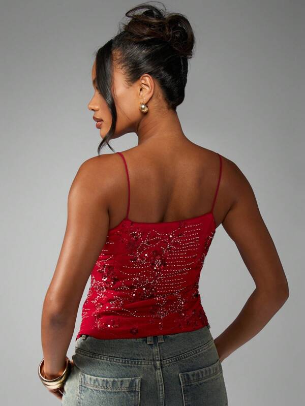 MISSGUIDED Dressy Embellished Crystal Beaded Spaghetti Strap Sparkle Cami Top