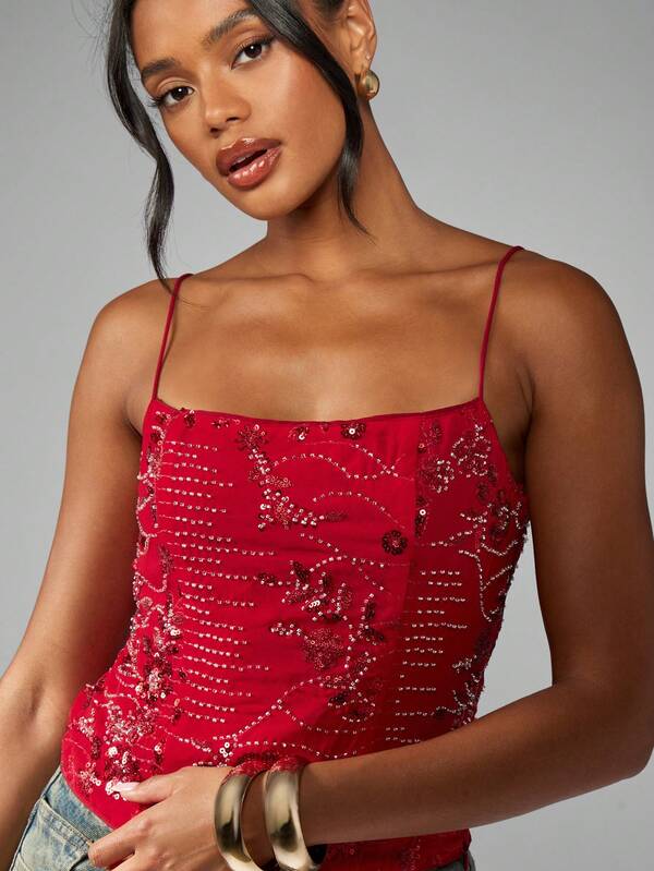 MISSGUIDED Dressy Embellished Crystal Beaded Spaghetti Strap Sparkle Cami Top