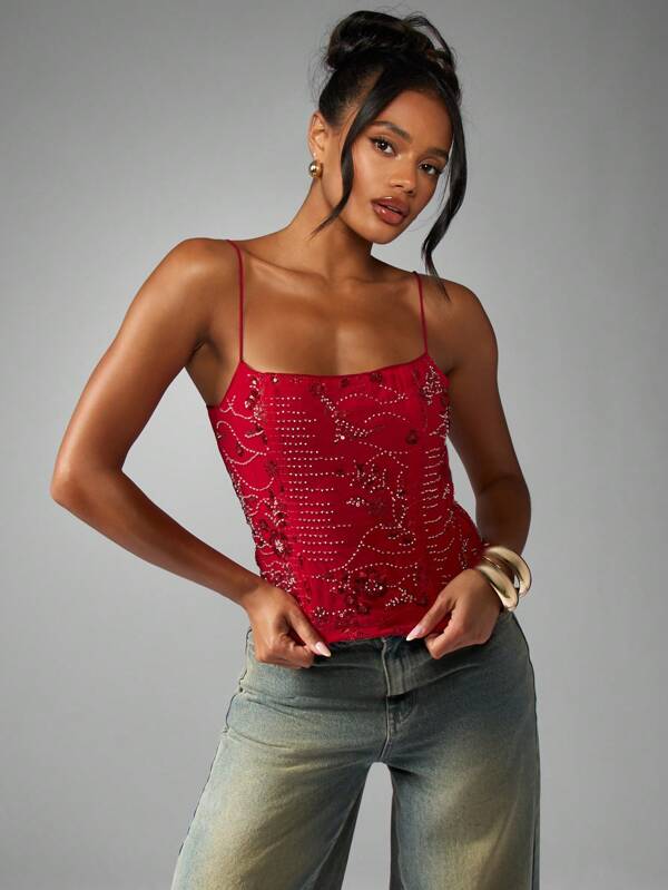 MISSGUIDED Dressy Embellished Crystal Beaded Spaghetti Strap Sparkle Cami Top