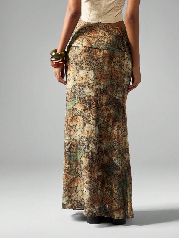MISSGUIDED Elegant Bohemian Paisley Print Chiffon Ruched Waistband Maxi Skirt