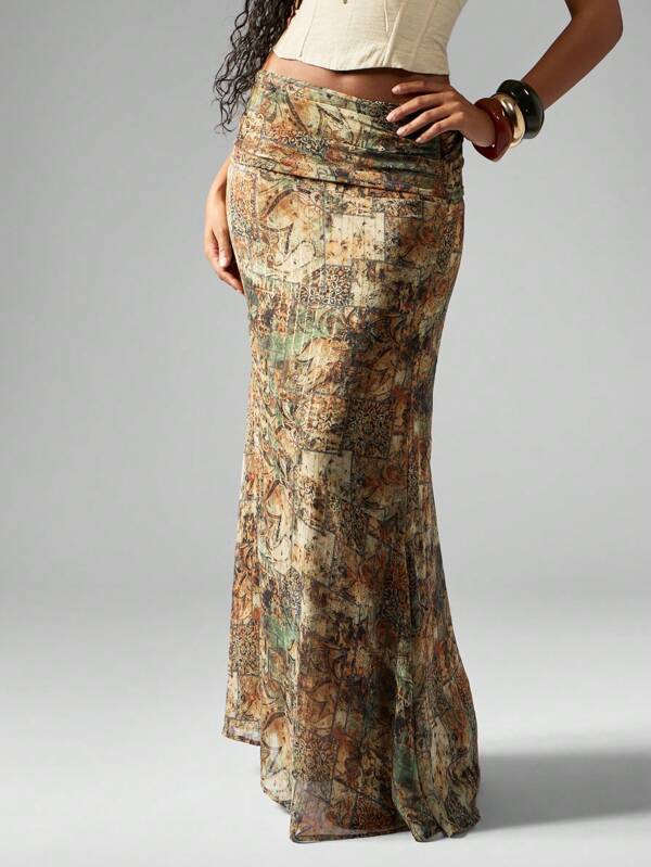 MISSGUIDED Elegant Bohemian Paisley Print Chiffon Ruched Waistband Maxi Skirt