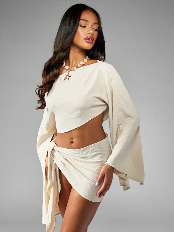 MISSGUIDED Elegant Boho Ruffled Long Bell Sleeve One Shoulder Cover Up