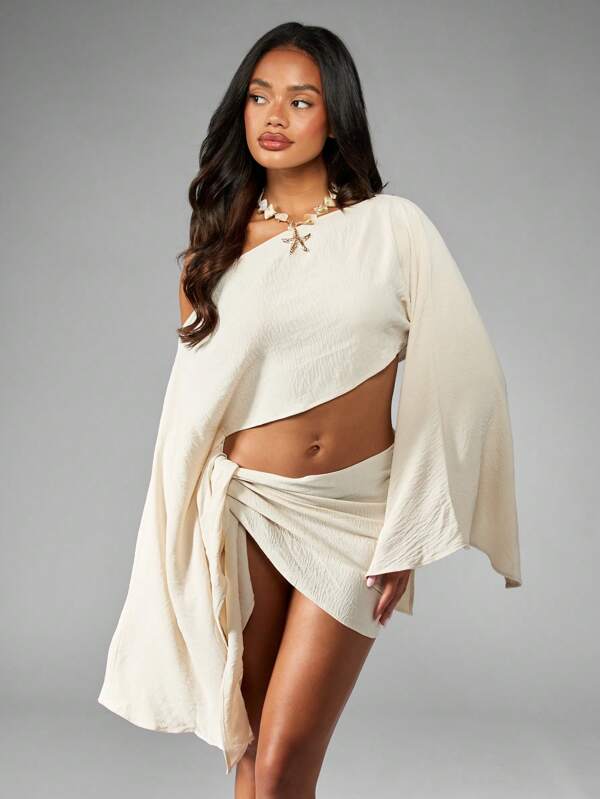 MISSGUIDED Elegant Boho Ruffled Long Bell Sleeve One Shoulder Cover Up