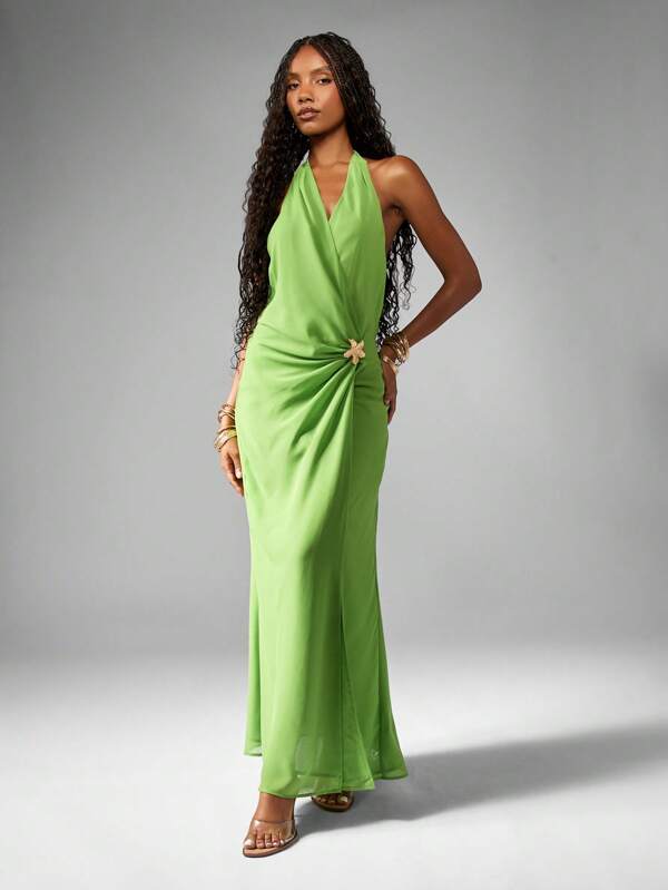 MISSGUIDED Elegant Chiffon Halter Neck Wrap Backless Midi Dress