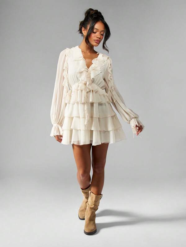 MISSGUIDED Elegant Chiffon Tiered Ruffle Flowy Mini Dress