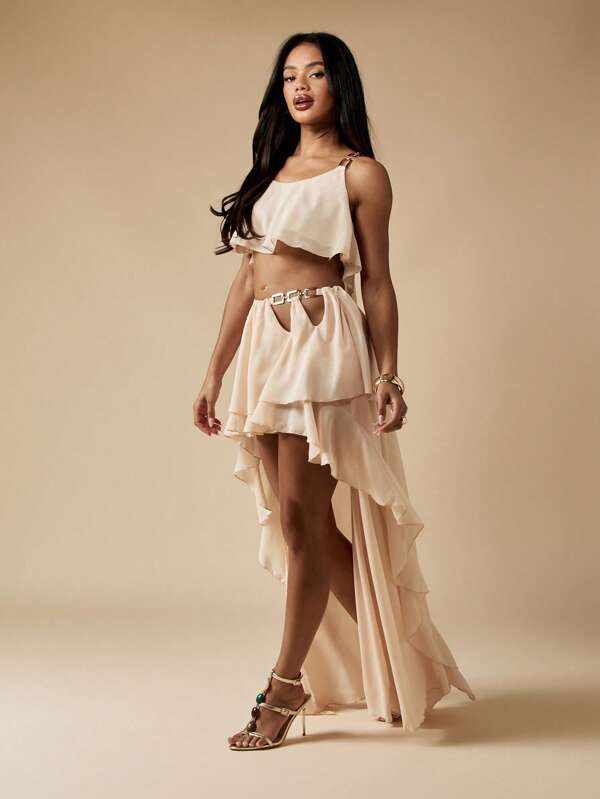 MISSGUIDED Elegant Chiffon Two Piece Set With Chain Ruffle