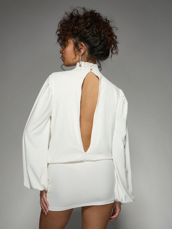 MISSGUIDED Elegant Choker Neck Draped Puff Sleeve Wrap Style Short Dress