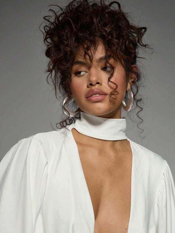 MISSGUIDED Elegant Choker Neck Draped Puff Sleeve Wrap Style Short Dress