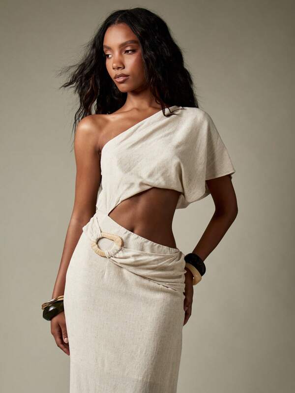 MISSGUIDED Elegant Cut Out Linen One Shoulder Maxi Dress With Wicker Ring Detail