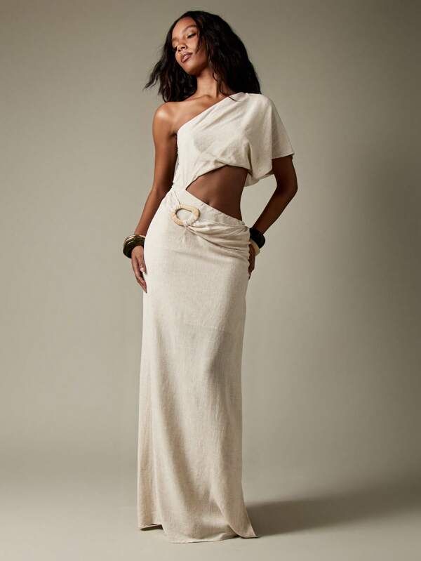 MISSGUIDED Elegant Cut Out Linen One Shoulder Maxi Dress With Wicker Ring Detail