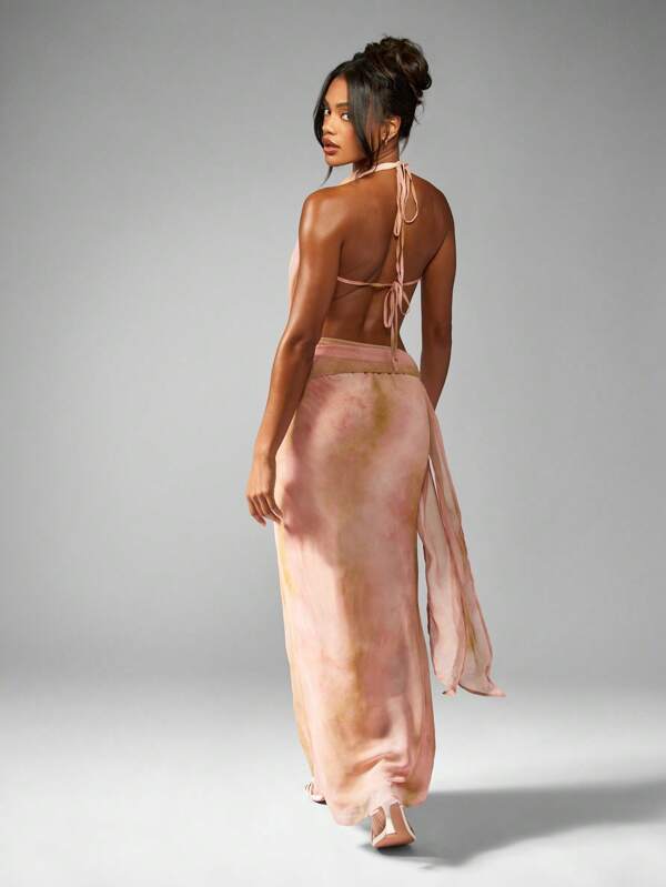 MISSGUIDED Elegant Draped Floor Length Chiffon Maxi Dress With Halter Cowl Neck Open Back