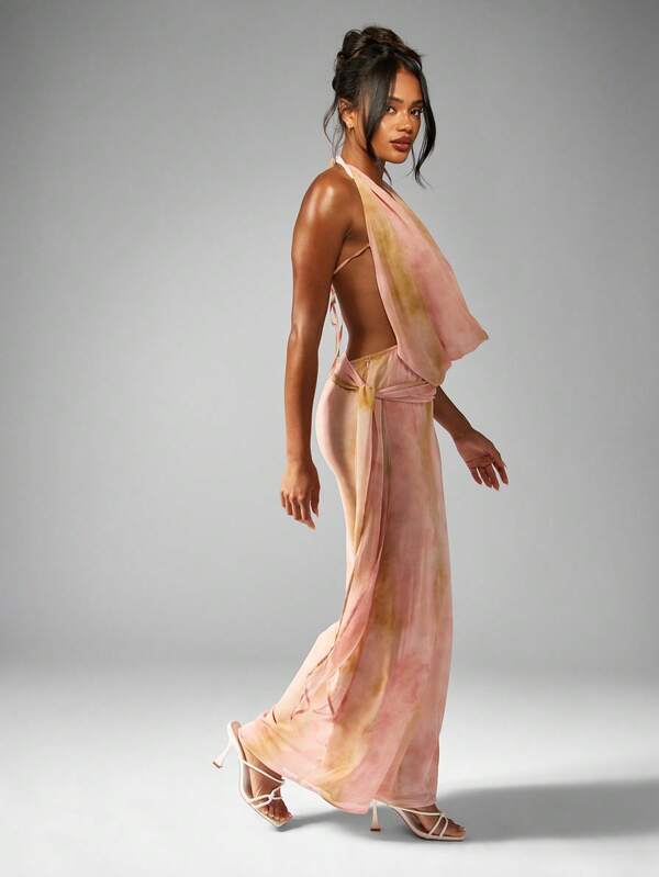 MISSGUIDED Elegant Draped Floor Length Chiffon Maxi Dress With Halter Cowl Neck Open Back