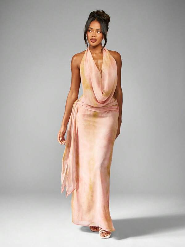 MISSGUIDED Elegant Draped Floor Length Chiffon Maxi Dress With Halter Cowl Neck Open Back