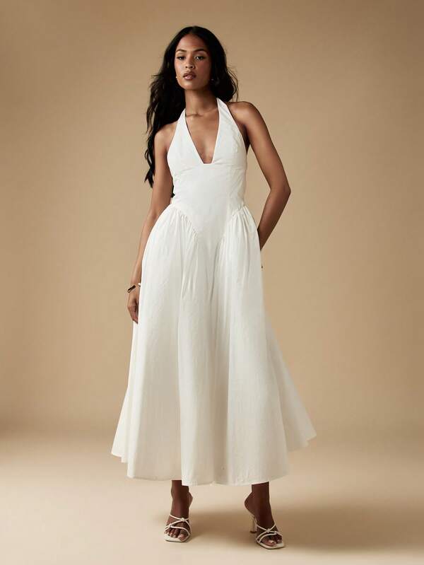 MISSGUIDED Elegant Halter Neck Midaxi Cotton A-Line Dress With Pockets