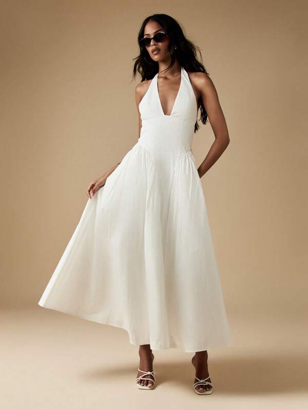 MISSGUIDED Elegant Halter Neck Midaxi Cotton A-Line Dress With Pockets