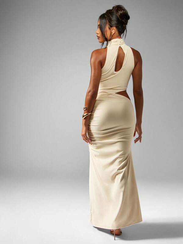 MISSGUIDED Elegant High Neck Cut Out Sleeveless Form Fitting Ruched Maxi Dress
