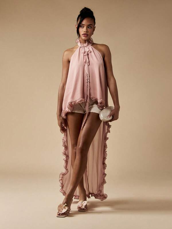 MISSGUIDED Elegant High Neck Ruffle Trimmed Chiffon Blouse High Low Hem