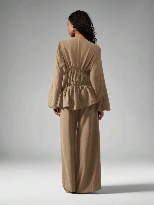 MISSGUIDED Elegant Linen Feel Drawstring Peplum Blouse Wide Leg Palazzo Pants Coordinates