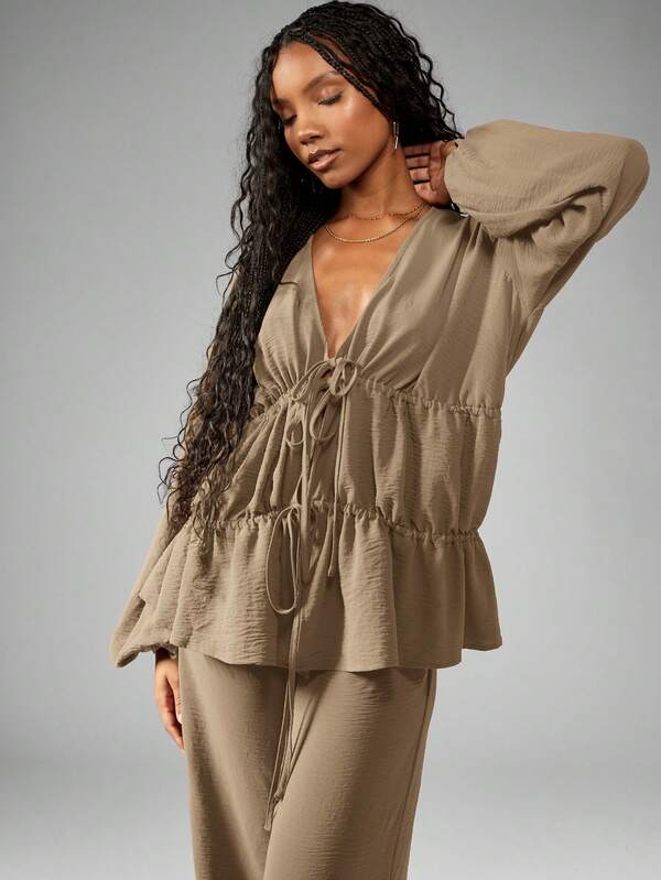 MISSGUIDED Elegant Linen Feel Drawstring Peplum Blouse Wide Leg Palazzo Pants Coordinates