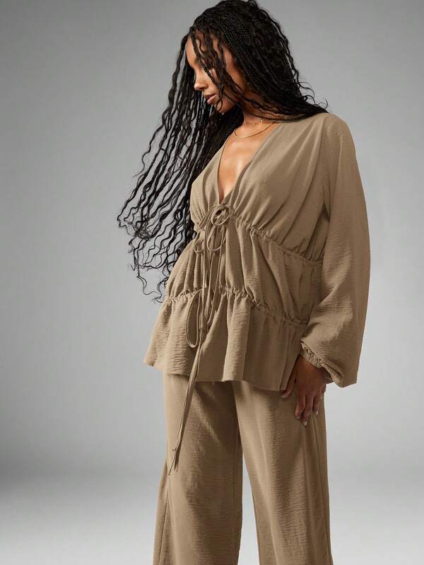MISSGUIDED Elegant Linen Feel Drawstring Peplum Blouse Wide Leg Palazzo Pants Coordinates