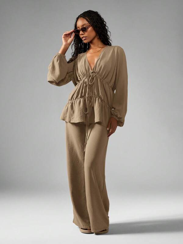 MISSGUIDED Elegant Linen Feel Drawstring Peplum Blouse Wide Leg Palazzo Pants Coordinates