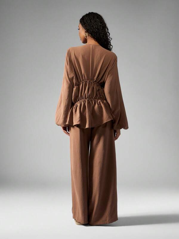 MISSGUIDED Elegant Linen Feel Tiered Ruffle Blouse Wide Leg Pants Set