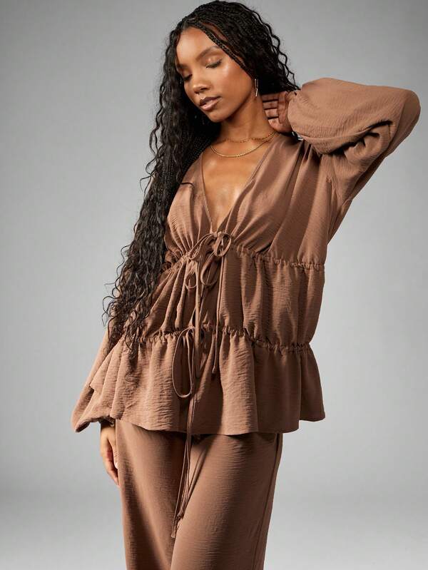 MISSGUIDED Elegant Linen Feel Tiered Ruffle Blouse Wide Leg Pants Set