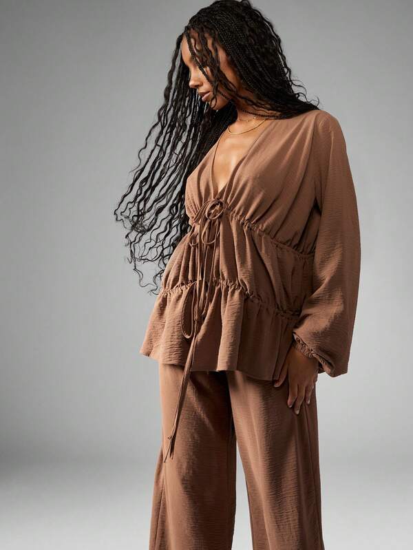 MISSGUIDED Elegant Linen Feel Tiered Ruffle Blouse Wide Leg Pants Set