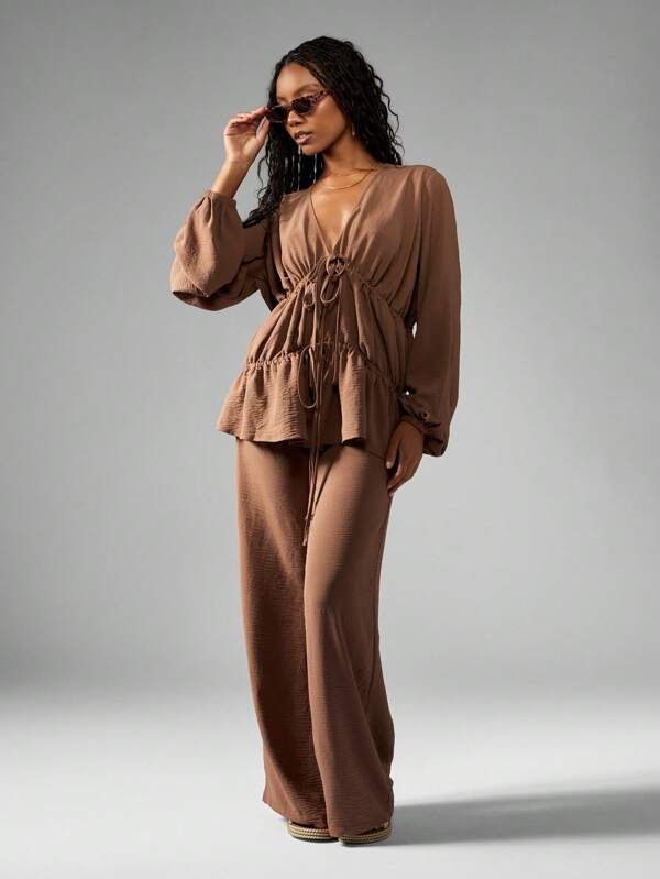 MISSGUIDED Elegant Linen Feel Tiered Ruffle Blouse Wide Leg Pants Set