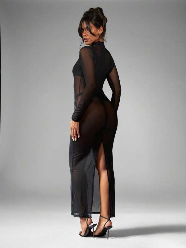 MISSGUIDED Elegant Long Sleeve Sheer Mesh High Neck Bodycon Long Dress